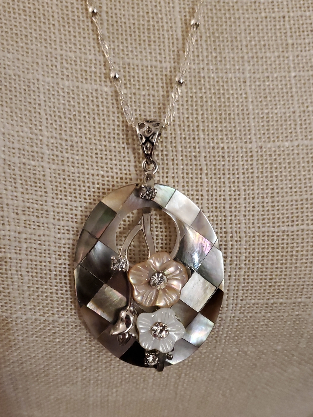 STERLING SILVER Abalone INLAID Mother Of Pearl FLOWER Pendant Necklace 925 Italy